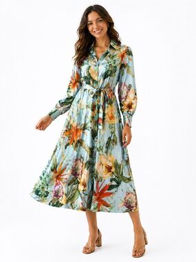 NEW ZARA  satin Floral Tie-Waist Midi Shirt Dress — Light Blue Floral